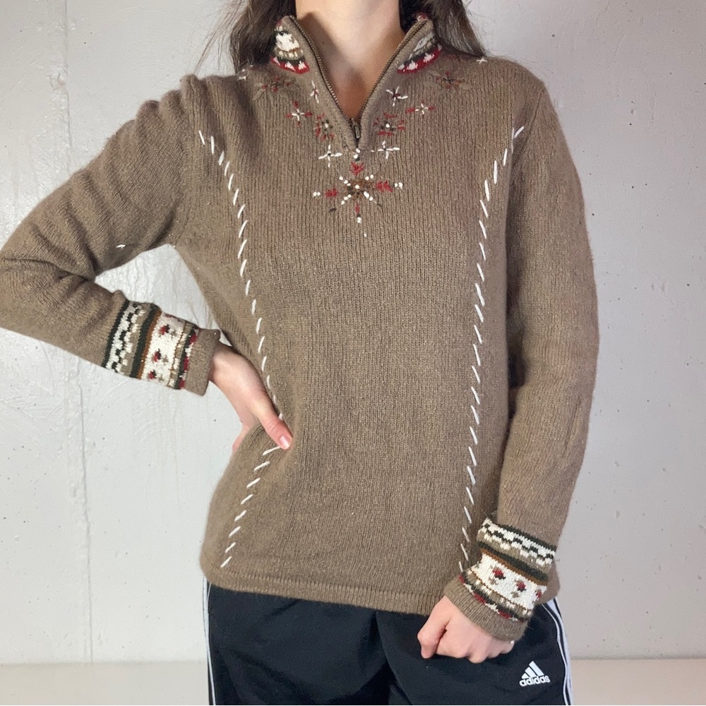 Vintage Brown Knit Nordic Winter Quarter Zip Embroidered Sweater
